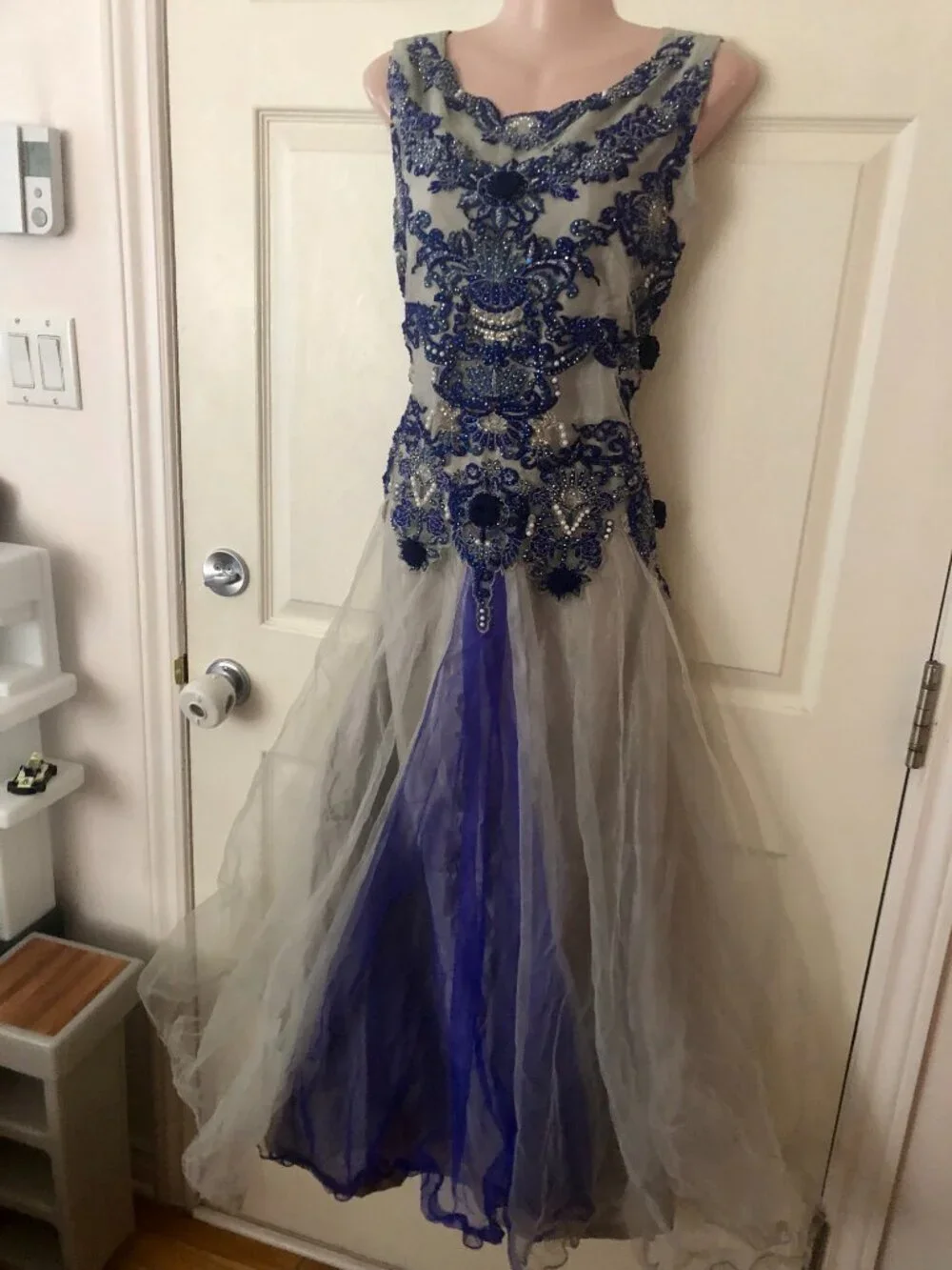 Formal Prom Maxi Dress S/M Embroidered Grey & Blue Indian Style Anarkali Gown - Picture 5 of 15